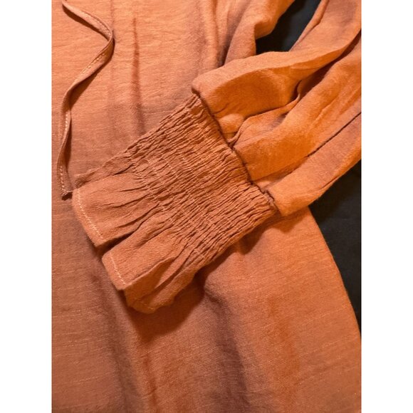 Rust Orange Long-Sleeve Blouse With Ruffle Neckline‎ & Smocked Cuffs - Picture 4 of 5